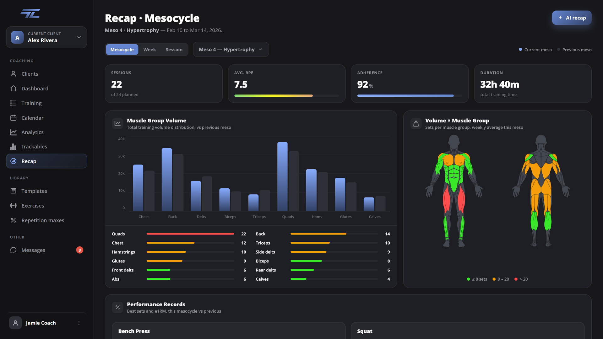 TrainLog web app — Session Recaps
