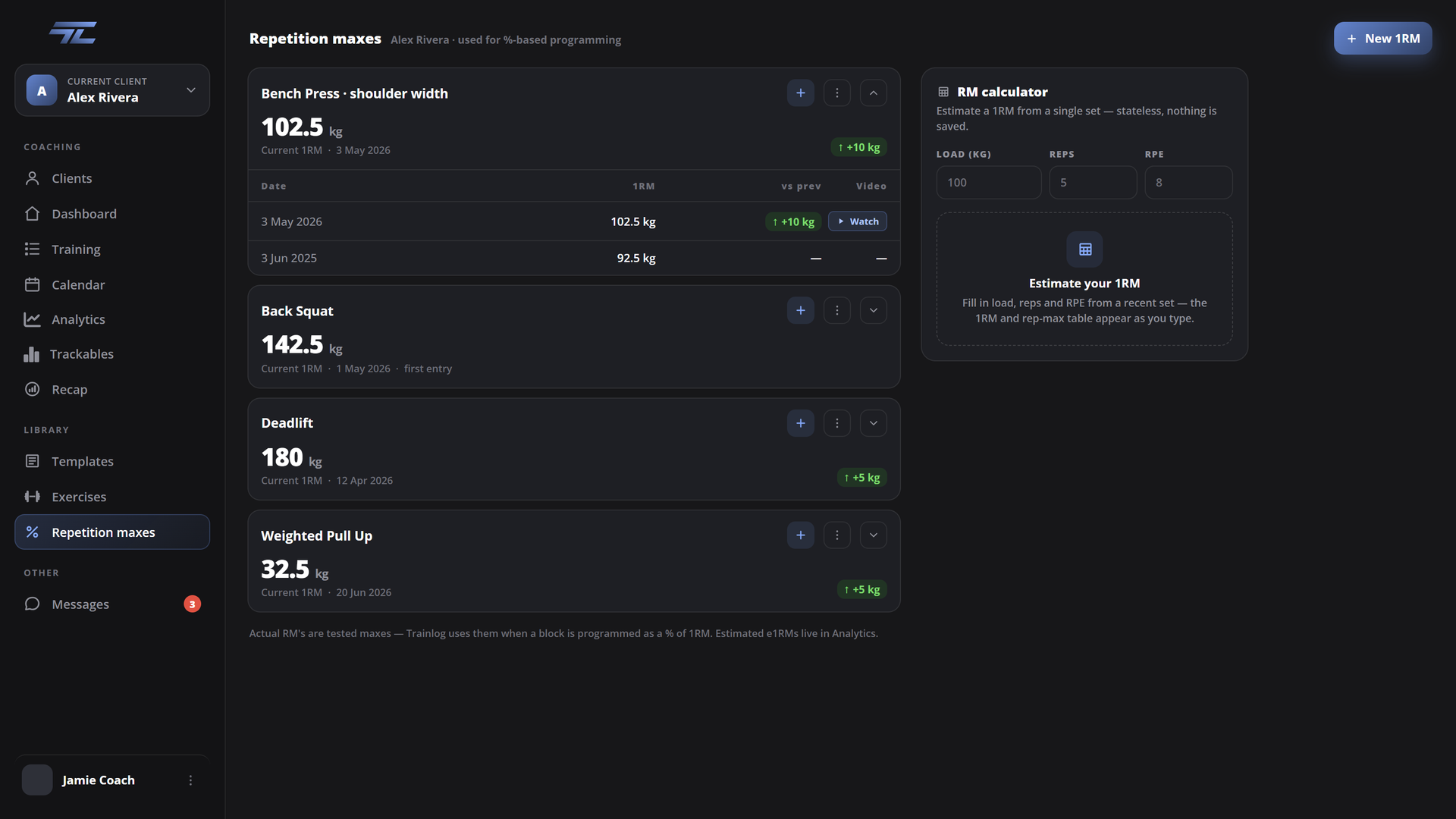 TrainLog web app — Repetition Maxes