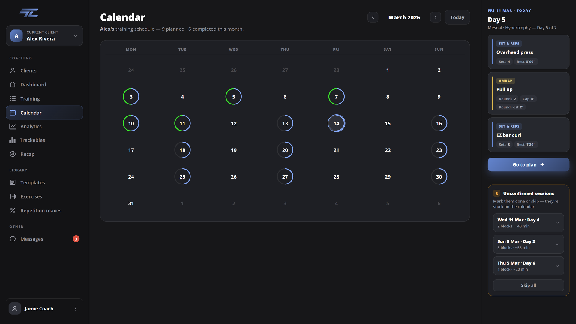 TrainLog web app — Calendar